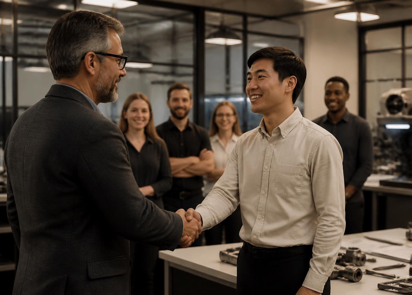 Hiring manager welcoming a new employee at a workplace